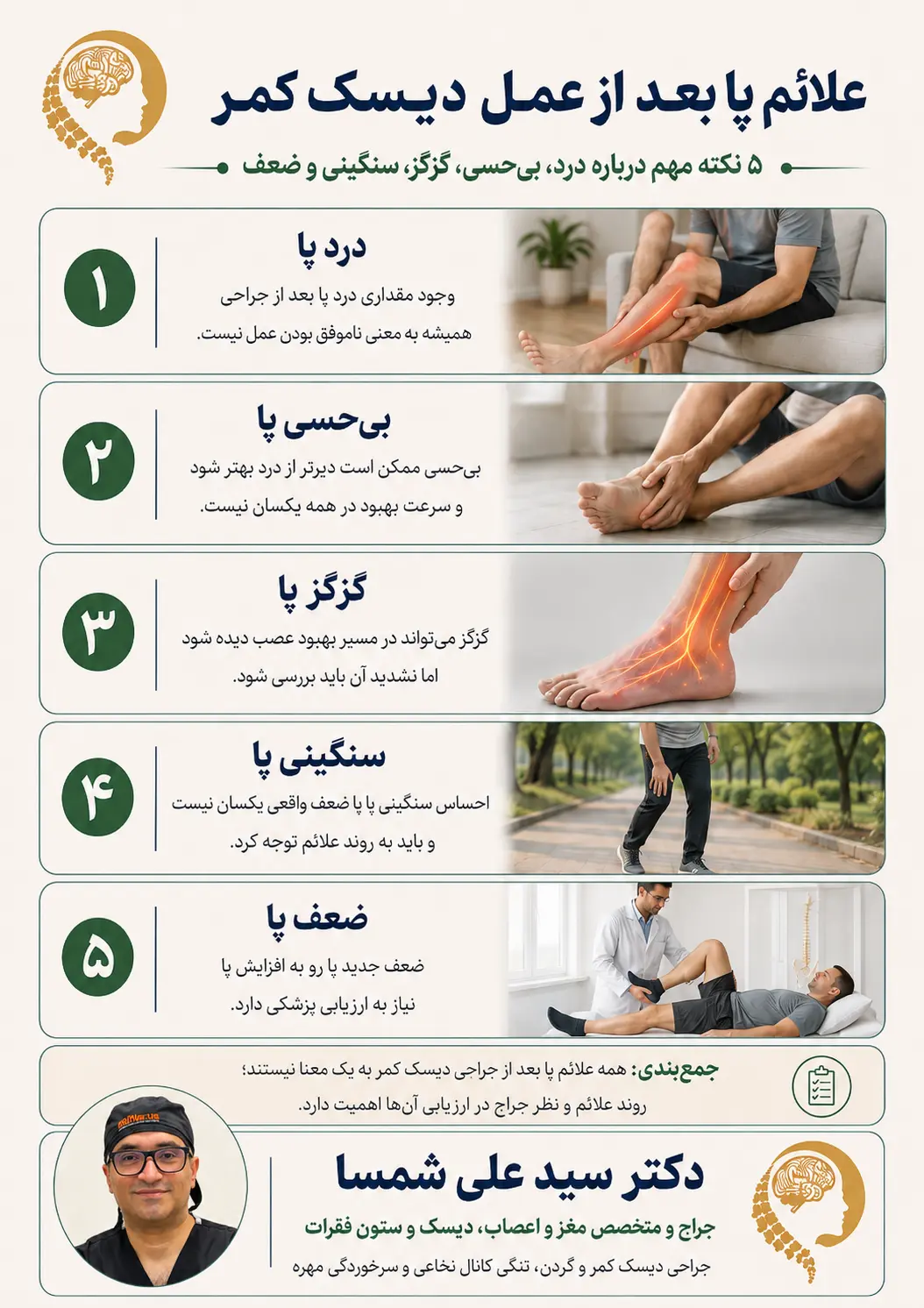 درد، بی‌حسی، گزگز و ضعف پا بعد از عمل دیسک کمر